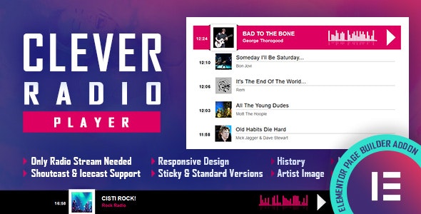 CLEVER - HTML Radio Player With History - Shoutcast and Icecast - Elementor Widget Addon