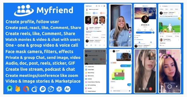 Myfriend - Friend Chat Post Tiktok Follow Radio Group ecommerce Zoom Live clone social network app