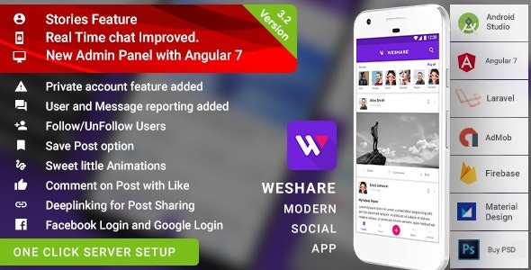 WeShare - Social Media Sharing Android App with Angular Admin | Laravel (PHP) Backend | Complete App