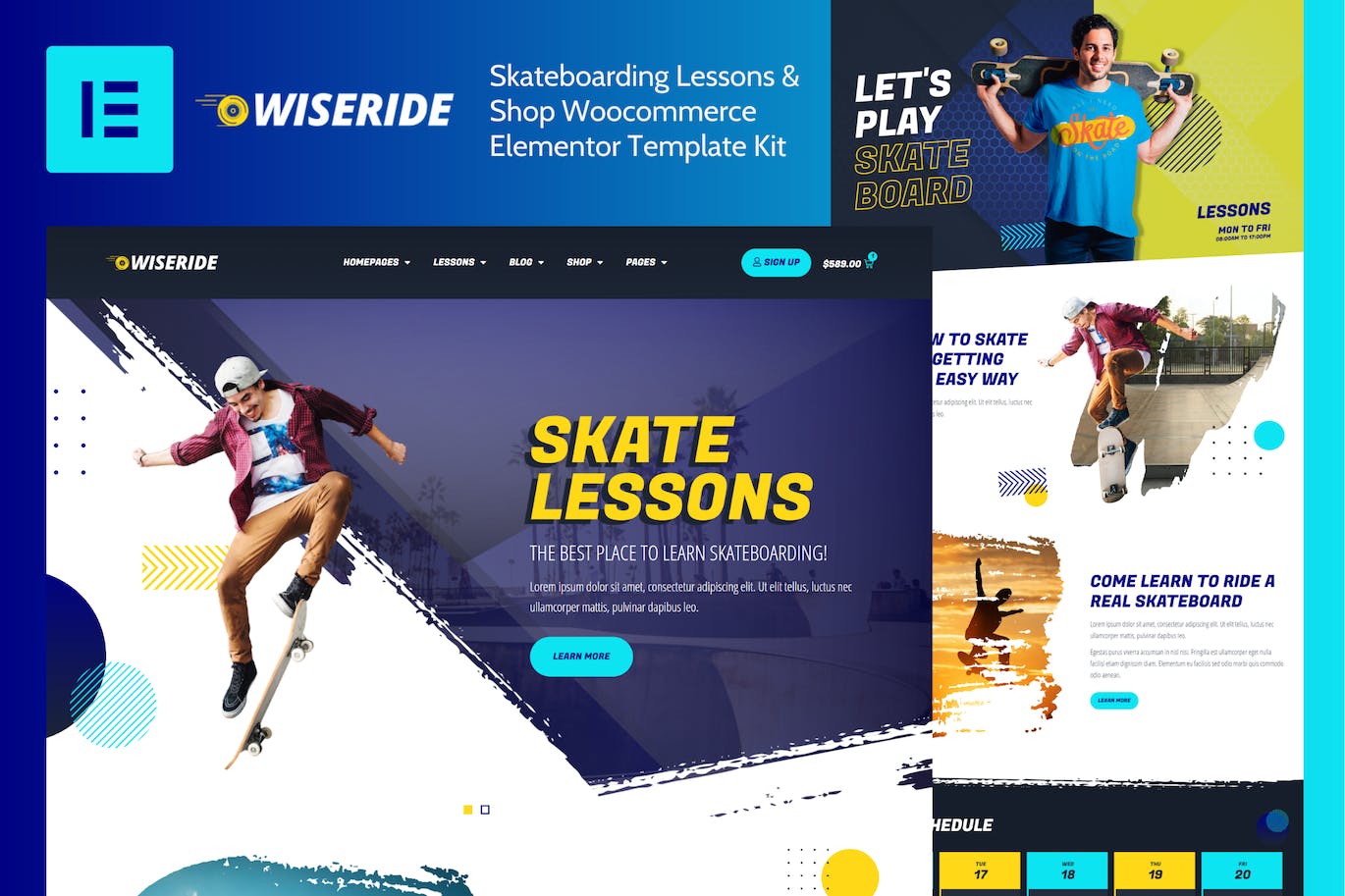 WiseRide - Skateboarding Lessons & Shop Woocommerce Elementor Template Kit