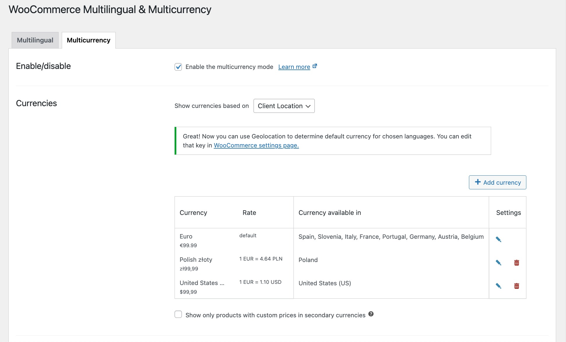 WooCommerce Multilingual - Multicurrency