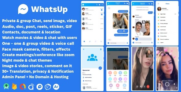 WhatsUp WhatsApp Clone Chat Groups Video - Audio Call Zoom Watch Party Chatting Social Network App
