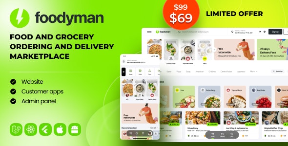 Foodyman - Multi-Restaurant Food and Grocery Ordering and Delivery Marketplace (Web & Customer Apps) -