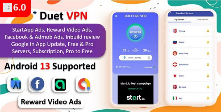 Duet Pro VPN App Secure VPN App - Fast VPN | Subscription | StartApp Ads | Facebook - Admob Ads
