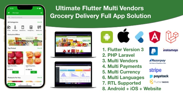 grocery / delivery services / ecommerce multi vendors(android + iOS + website) flutter / laravel