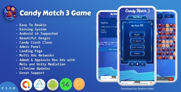 Candy Match Game with Earning System and Admin Panel + Landing Page