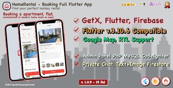 HomeRental Booking Properties Full Flutter App with Chat | GetX | Web Admin Panel