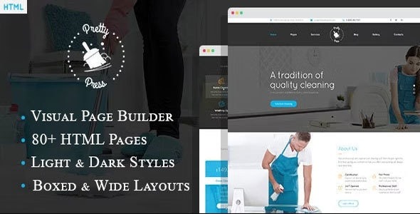 PrettyPress July Cleaning Service HTML Template with Builder