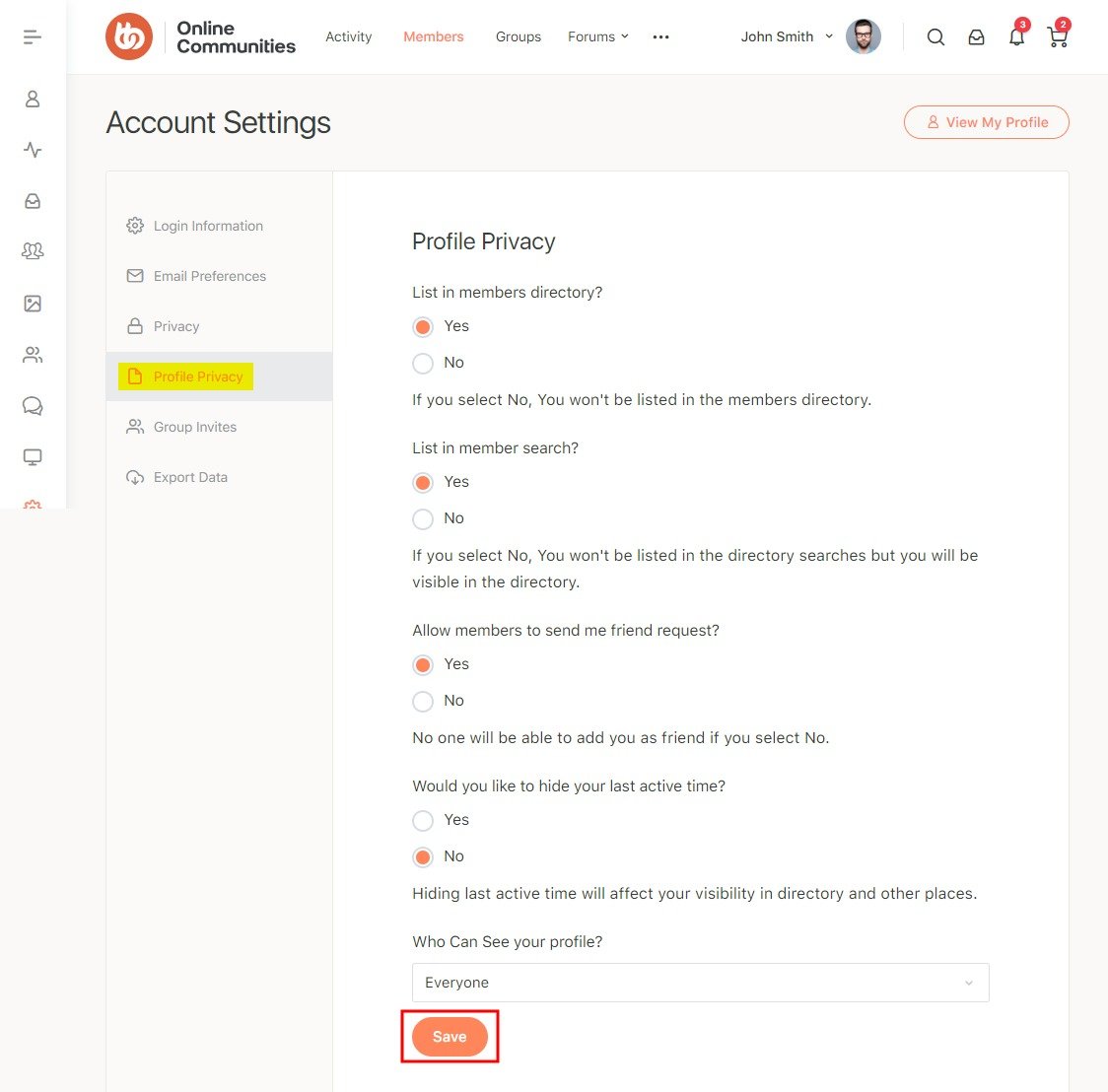 BuddyPress Profile Visibility Manager